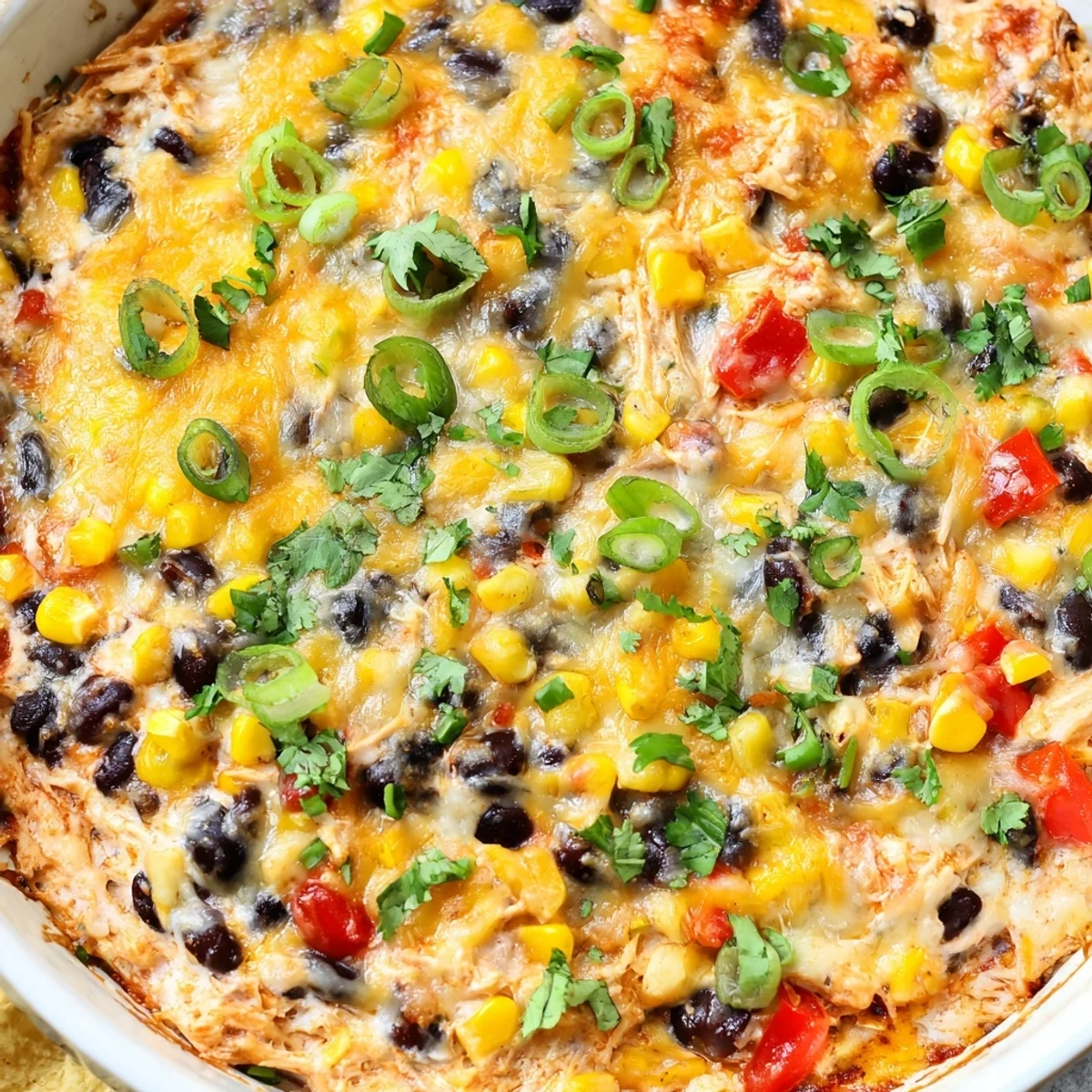 Golden, bubbly Chicken Enchilada Dip with melted cheese and cilantro, served hot in a baking dish.  