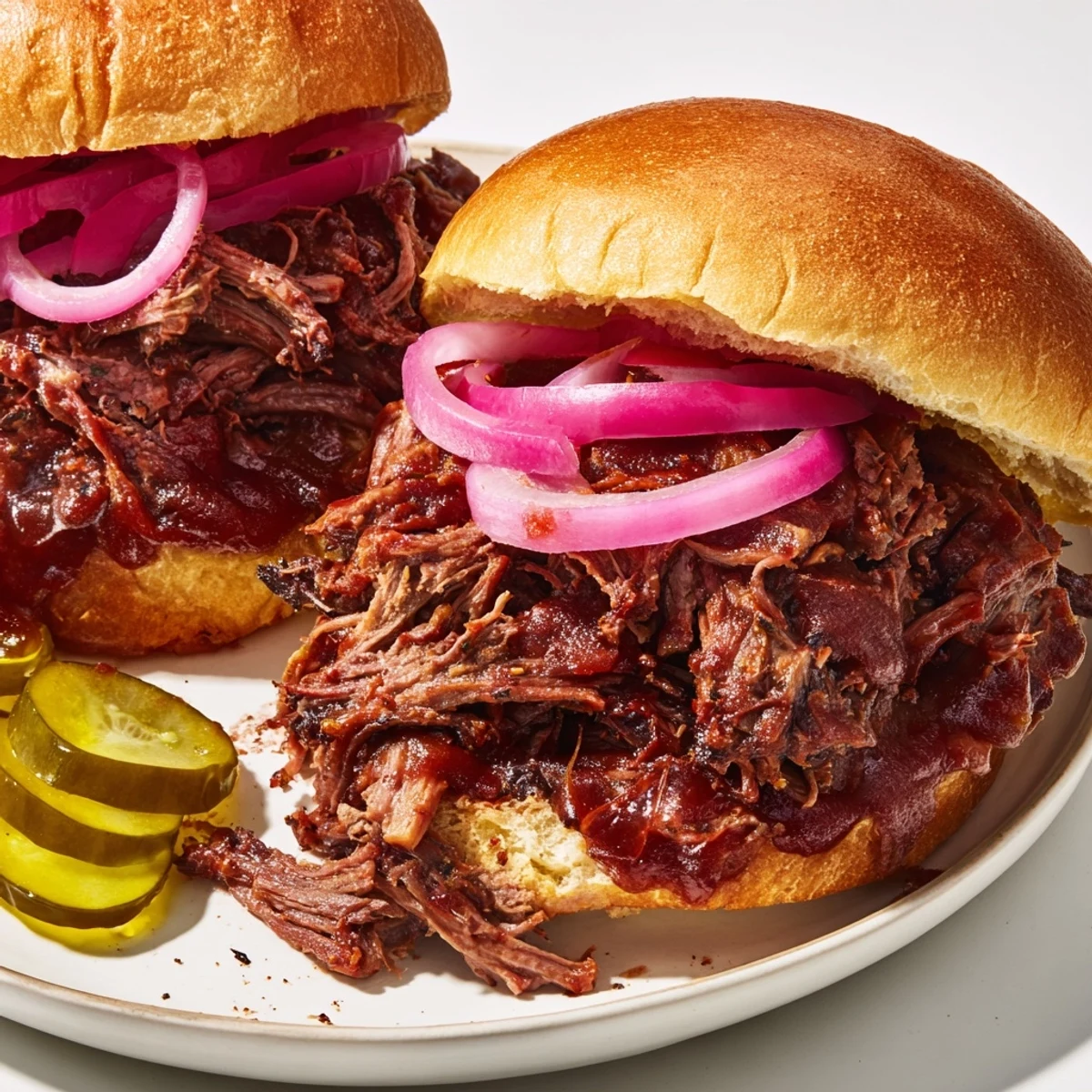 Slow roasted pulled beef sandwiches piled high on soft buns, dripping with tangy homemade BBQ sauce for a hearty meal.  