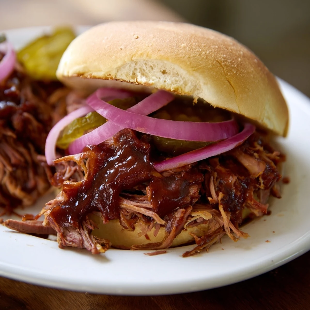 Tender beef brisket slow-roasted to perfection, served as a juicy pulled sandwich perfect for a backyard family gathering.