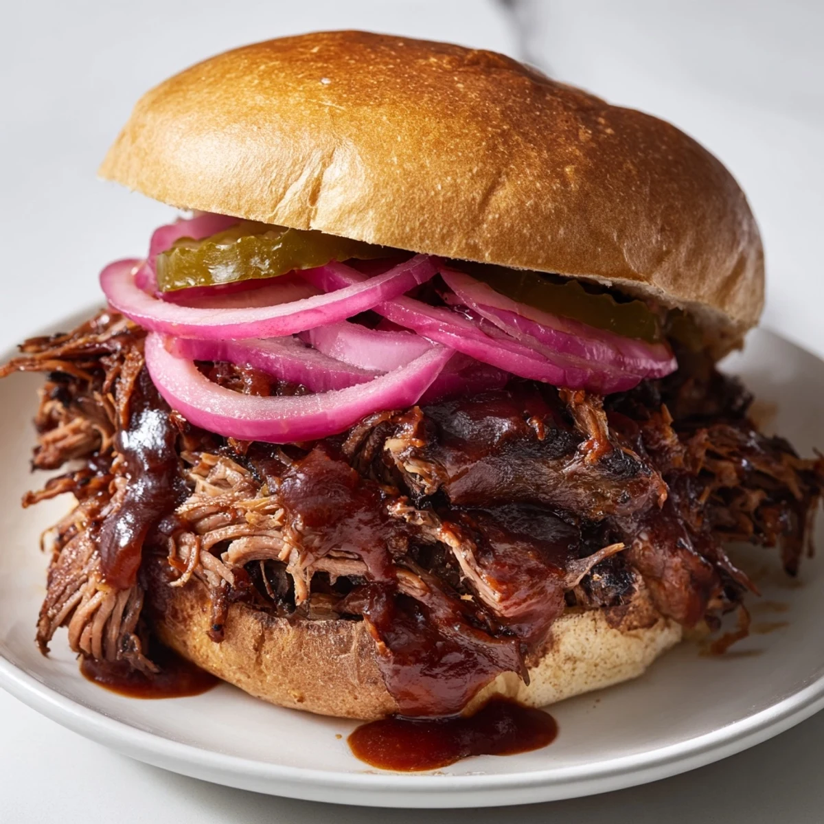 Golden-brown shredded beef, glistening with sauce, nestled in a toasted roll alongside crisp lettuce and red onion slices.  