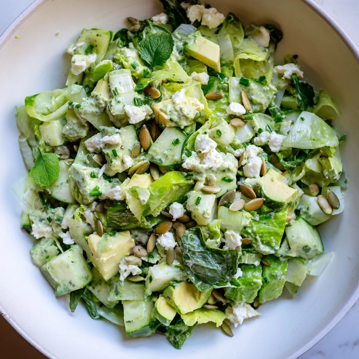 Creamy diced avocado and crisp cucumber pieces tossed in vibrant Green Goddess dressing, garnished with fresh herbs.