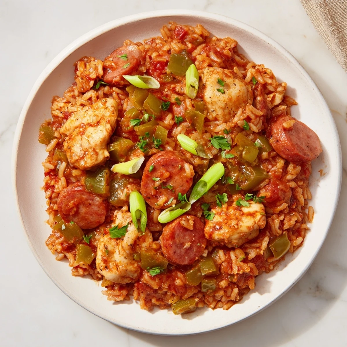 A spoon lifts a savory portion of Jambalaya with Chicken and Turkey Andouille Sausage, revealing smoky andouille and tender chicken pieces.