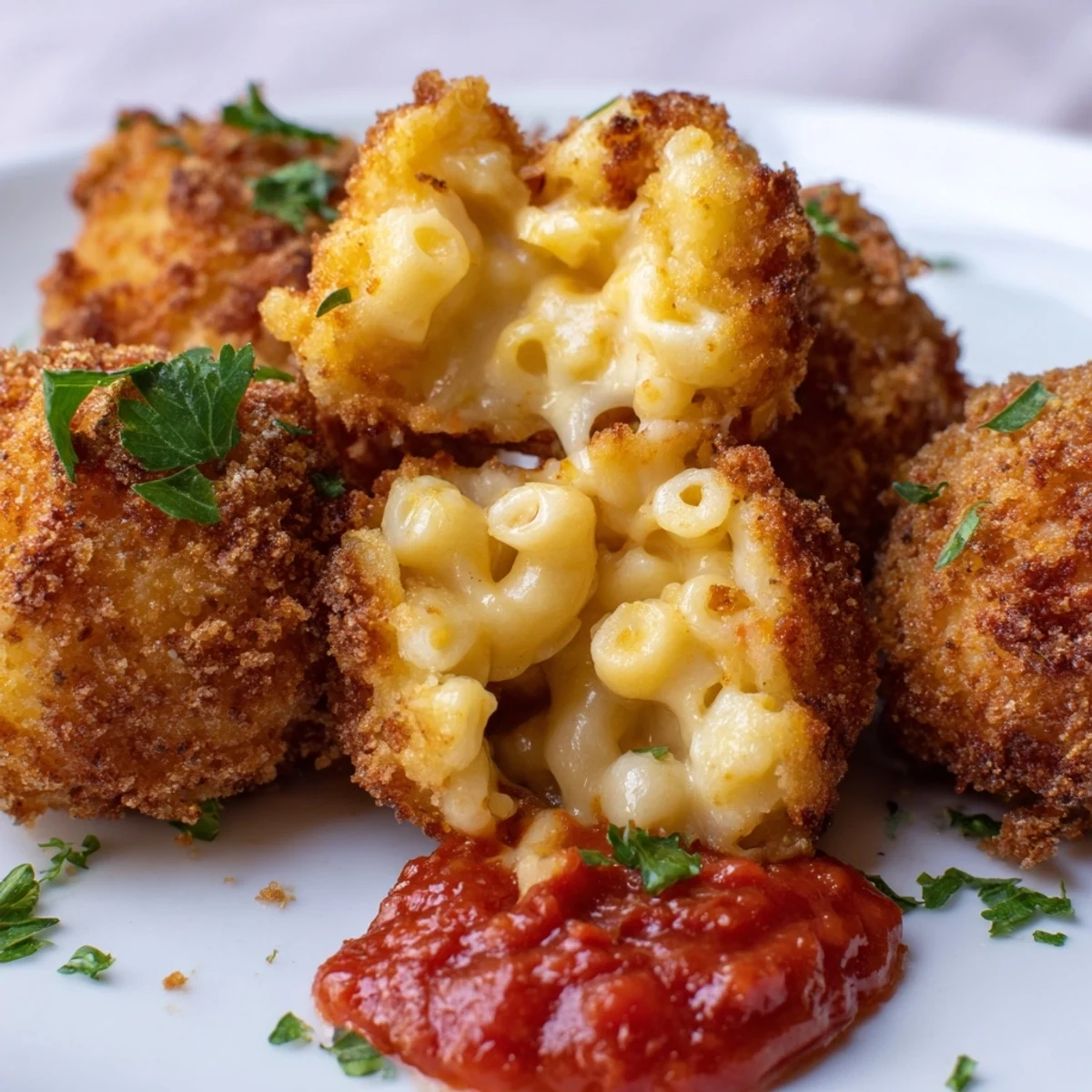 Golden-brown panko crusted mac and cheese bites, fried until crisp, revealing a creamy, cheesy interior with marinara on the side.