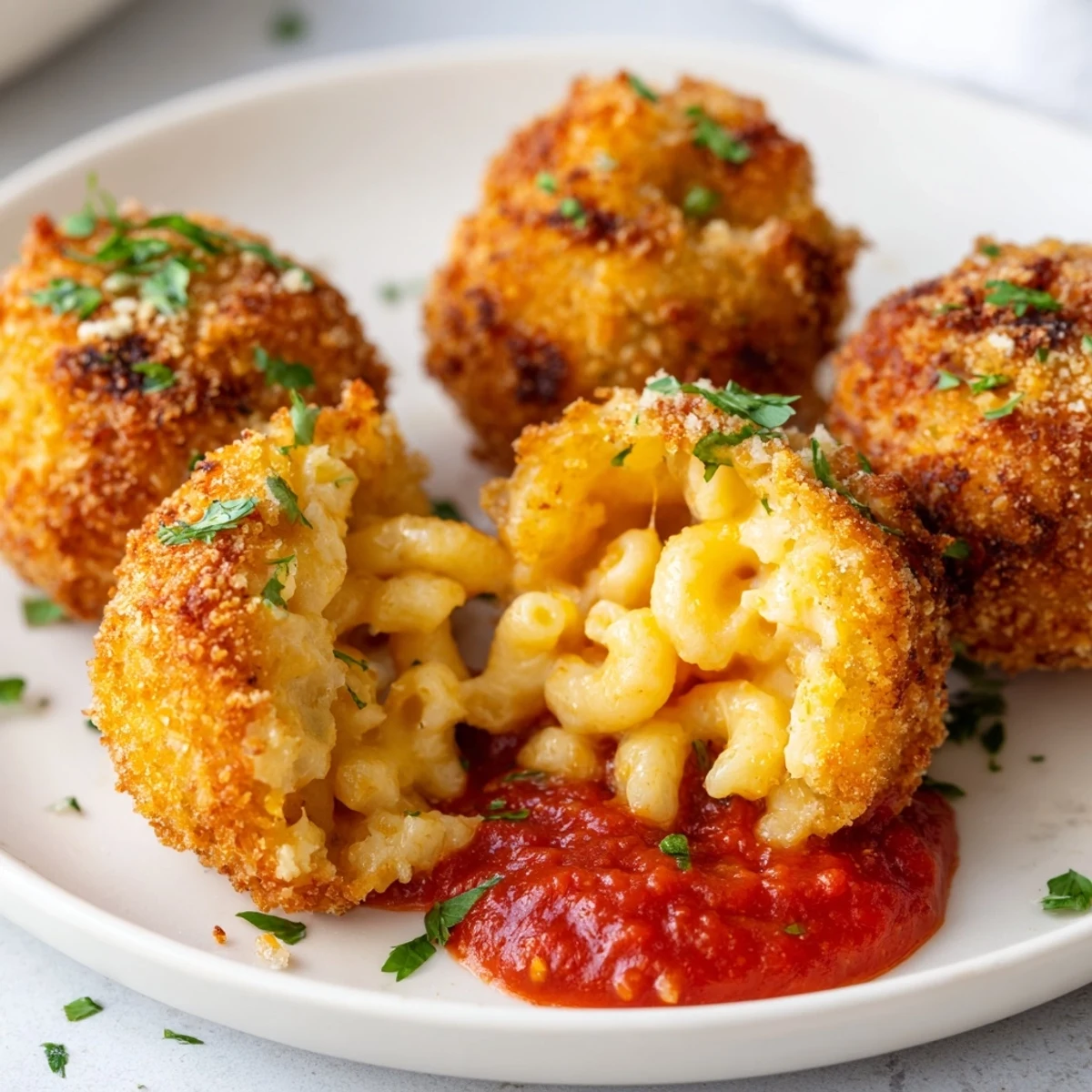 Crispy golden fried macaroni and cheese balls with a molten cheddar center, served alongside a warm bowl of marinara for dipping.