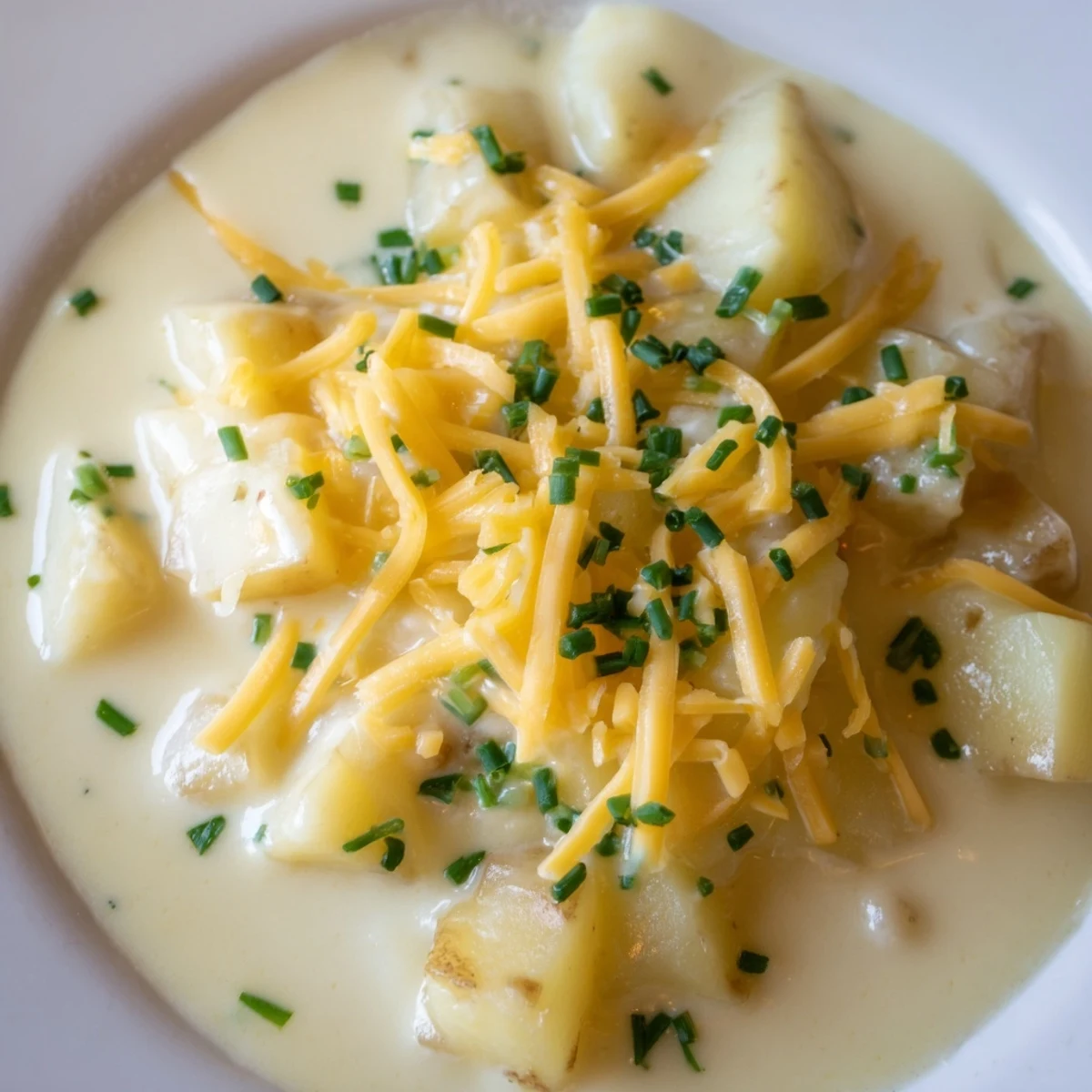 Creamy Irish Potato Soup with Cheddar and Chives steaming in a rustic bowl, perfect for a cozy lunch.  