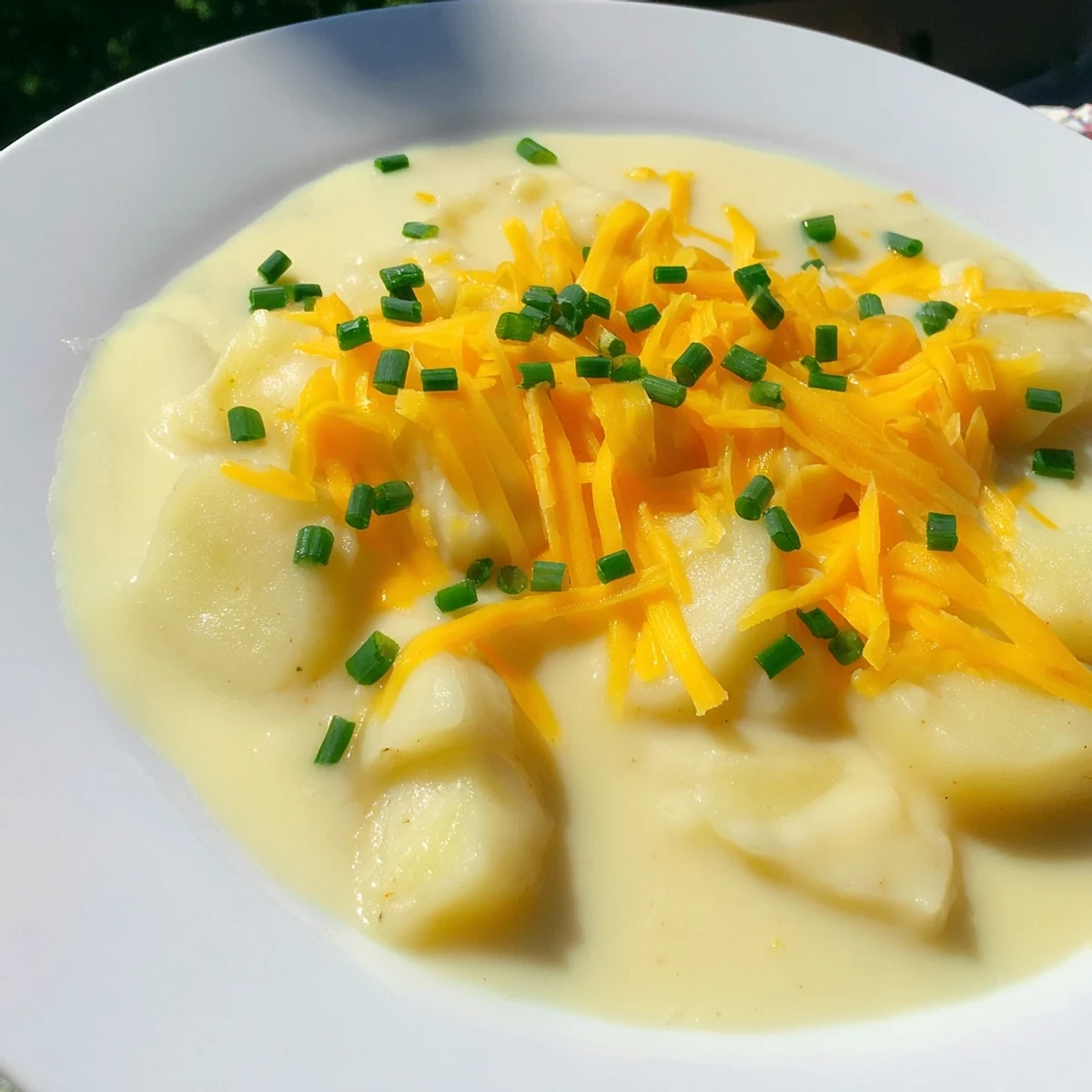A bowl of Irish Potato Soup with Cheddar and Chives topped with extra cheese and fresh green garnish.  