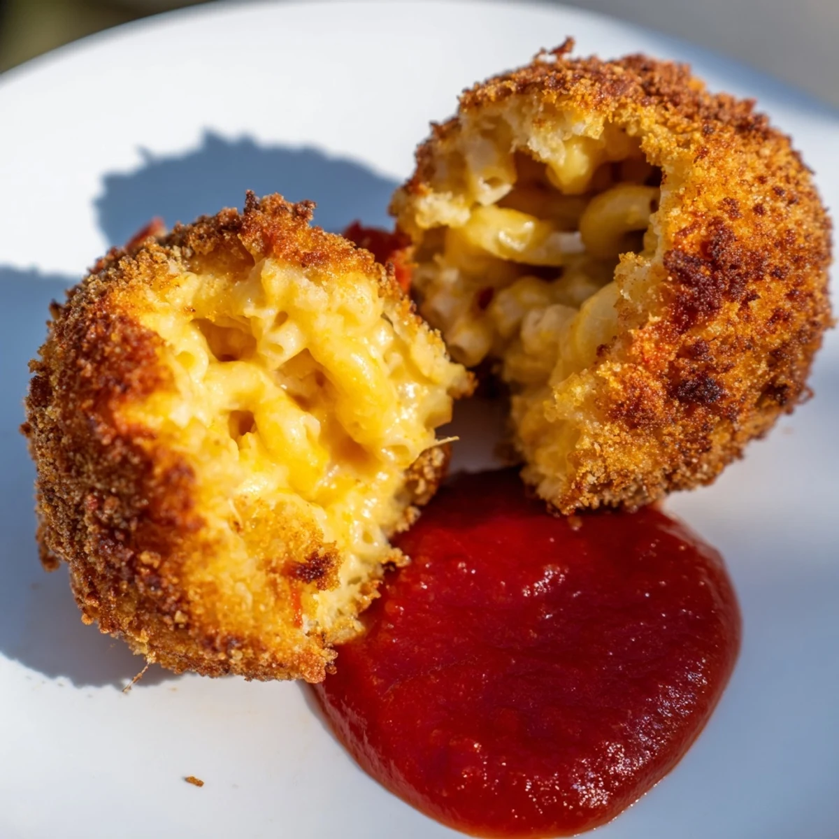 Golden, crispy Fried Macaroni and Cheese Balls with Marinara served hot on a plate, showcasing a crunchy panko crust and a side of warm dipping sauce.