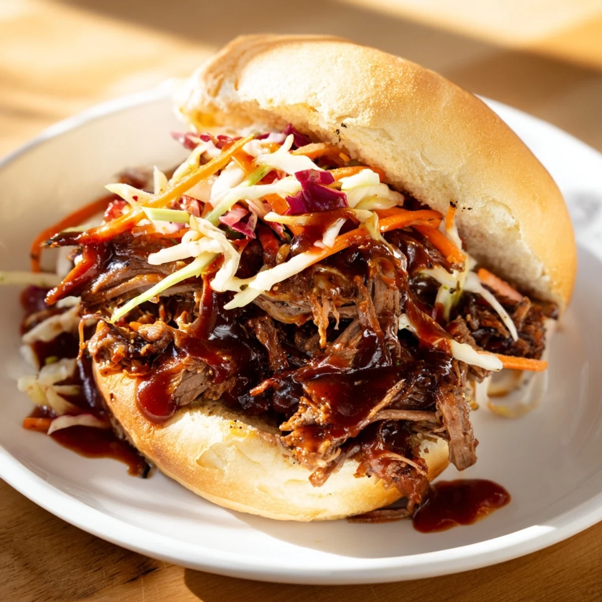 Slow roasted pulled beef sandwiches with smoky BBQ sauce, piled high on soft buns with crunchy coleslaw.