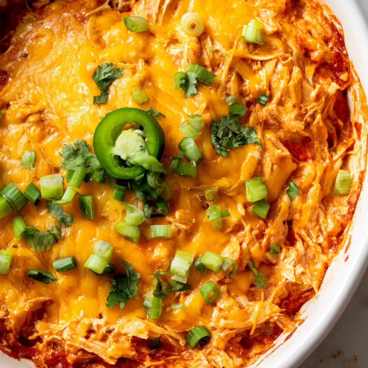 Golden, bubbly melted cheese tops a hot dish of Chicken Enchilada Dip, served in a rustic ceramic bowl.  