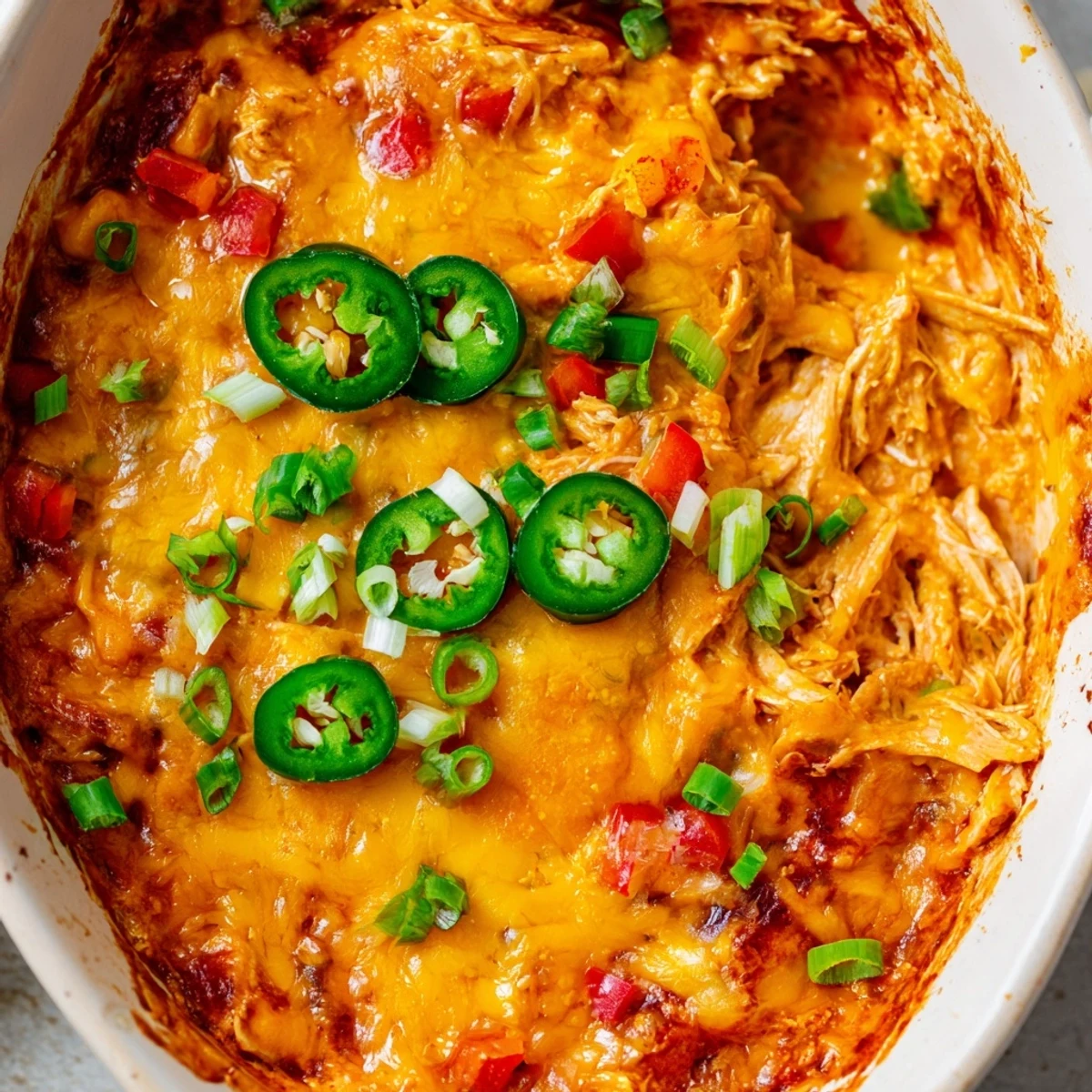 A spoon scoops creamy Chicken Enchilada Dip, revealing layers of shredded chicken and zesty red enchilada sauce.  