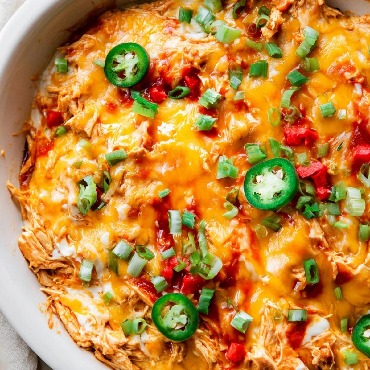 Freshly baked Chicken Enchilada Dip with cilantro garnish, surrounded by crispy tortilla chips for dipping.