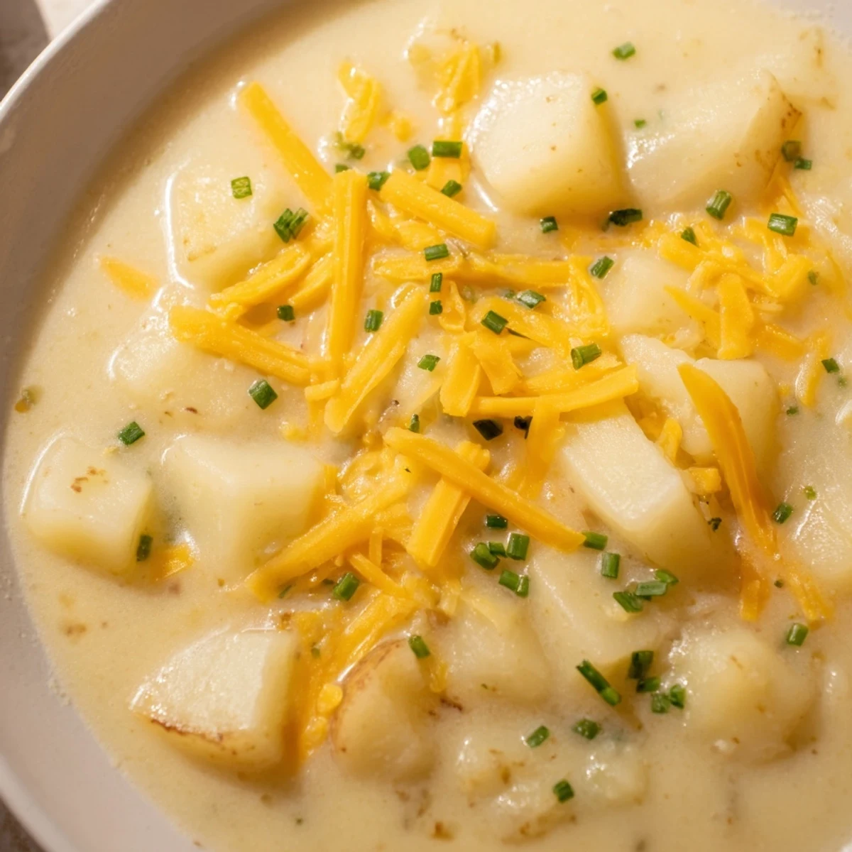 A steaming bowl of Irish Potato Soup with Cheddar and Chives garnished with melted cheese and fresh herbs, served beside rustic crusty bread.  