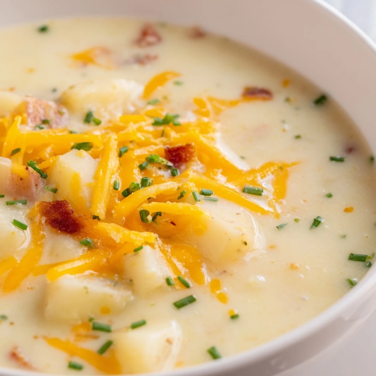 Hearty Irish Potato Soup with Cheddar and Chives topped with extra cheddar and chives, ready to enjoy on a chilly evening.