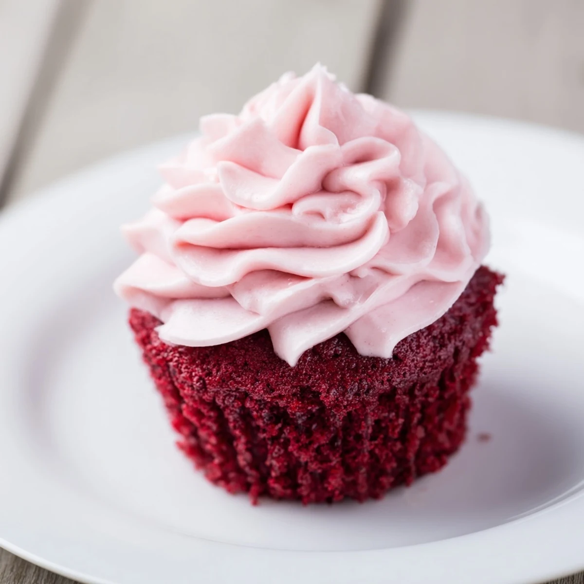 Twelve moist Red Velvet Cupcakes with cream cheese frosting, topped with pink swirls on a dessert platter.