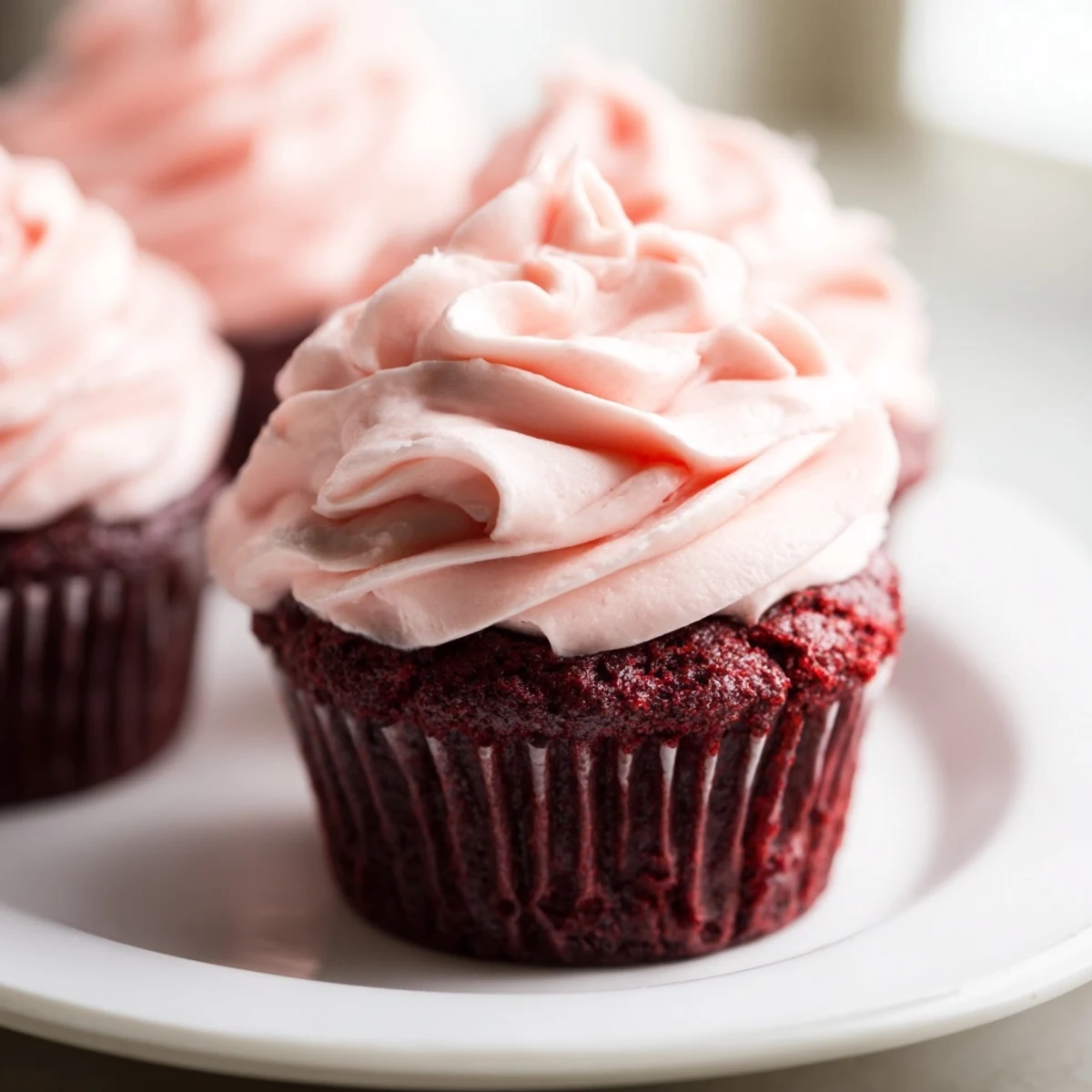 A close-up of a Red Velvet Cupcake showing its velvety crumb and creamy pink cream cheese frosting.