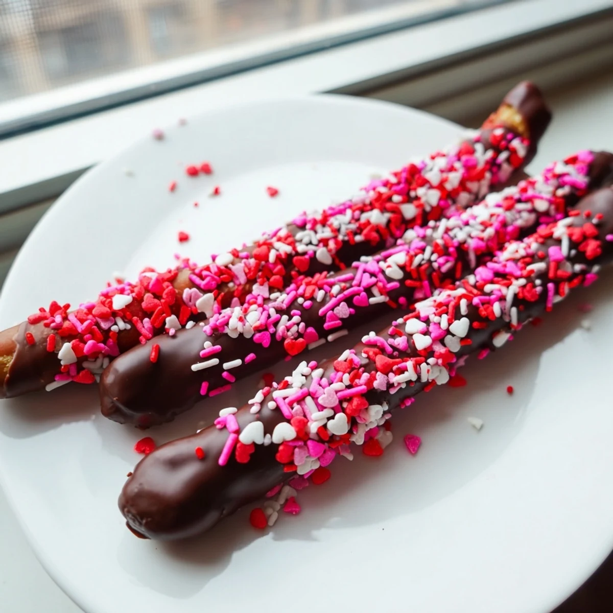 Pretzel rods dipped in glossy semi-sweet chocolate and sprinkled with bright Valentine sprinkles, displayed on parchment for a sweet and salty treat.