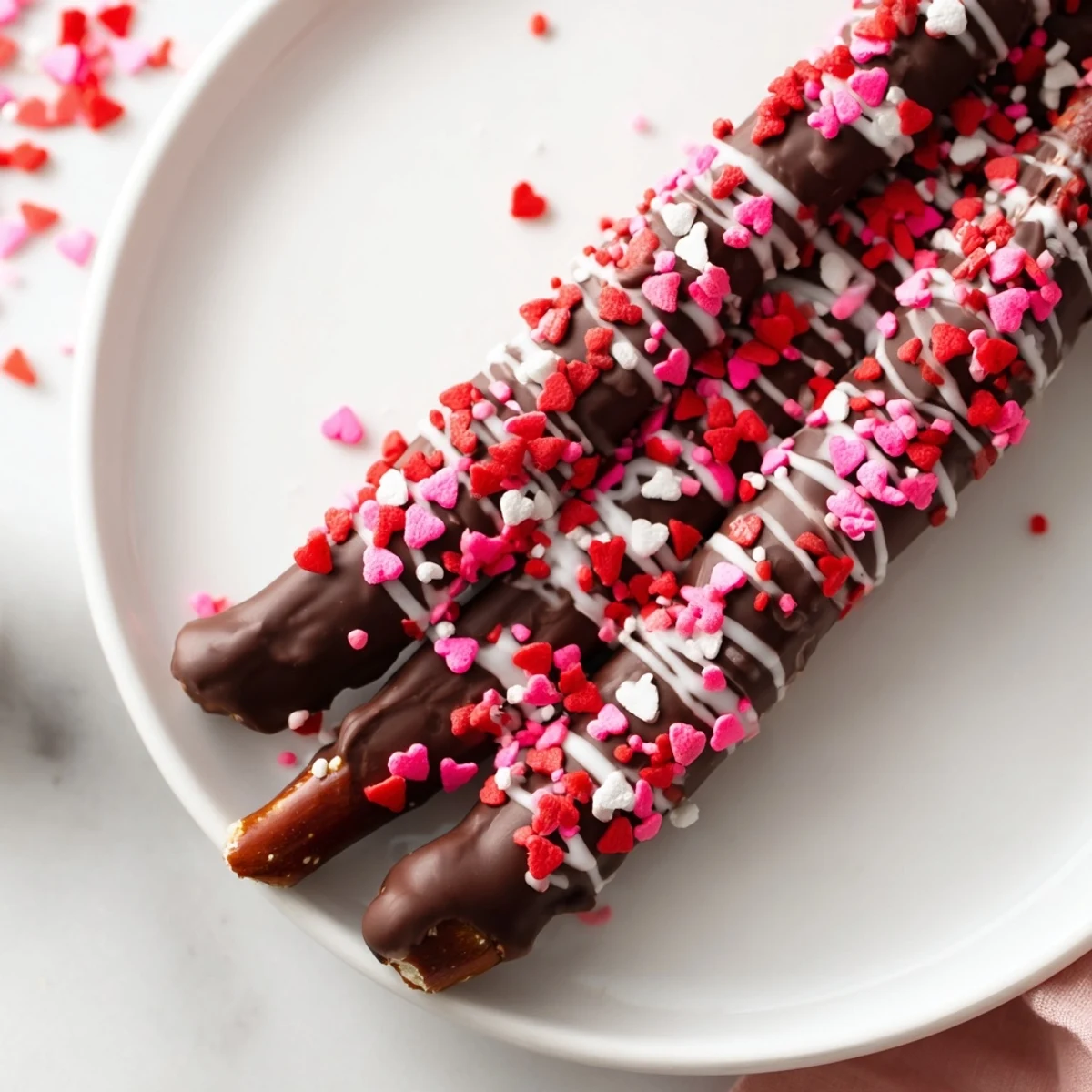 Chocolate Dipped Pretzels with Valentine Sprinkles arranged on a platter, drizzled with white chocolate, perfect for sharing on Valentine’s Day.