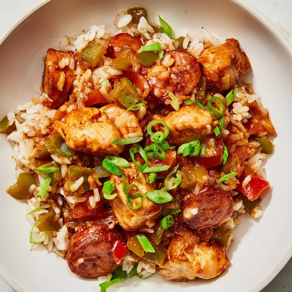 Steam rises from a Dutch oven brimming with Jambalaya with Chicken and Turkey Andouille Sausage, revealing tender chunks of chicken and pink sausage rounds nestled in tomato-stained rice.