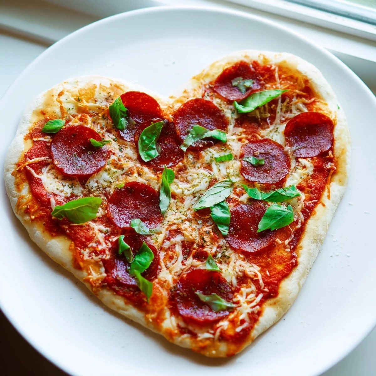 Golden-brown Heart Shaped Beef Pepperoni Pizza with melted mozzarella, zesty tomato sauce, and fresh basil leaves on a wooden board.  