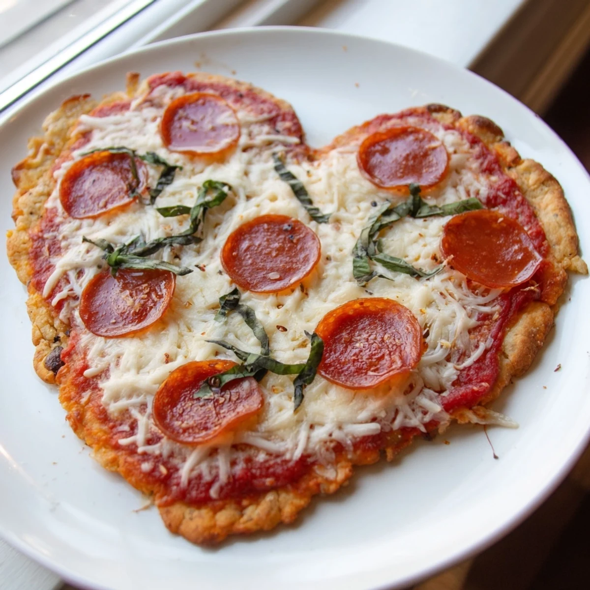 A close-up of a homemade Heart Shaped Beef Pepperoni Pizza, showcasing crispy crust, savory beef pepperoni, and vibrant green basil garnish.  