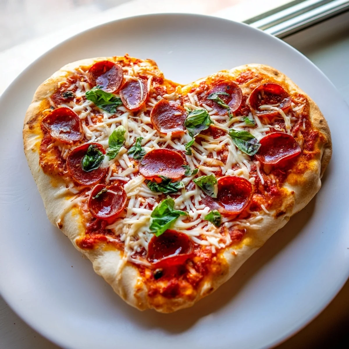 Perfectly baked Heart Shaped Beef Pepperoni Pizza with bubbly cheese, fresh basil, and a slice ready to be served on a rustic plate.