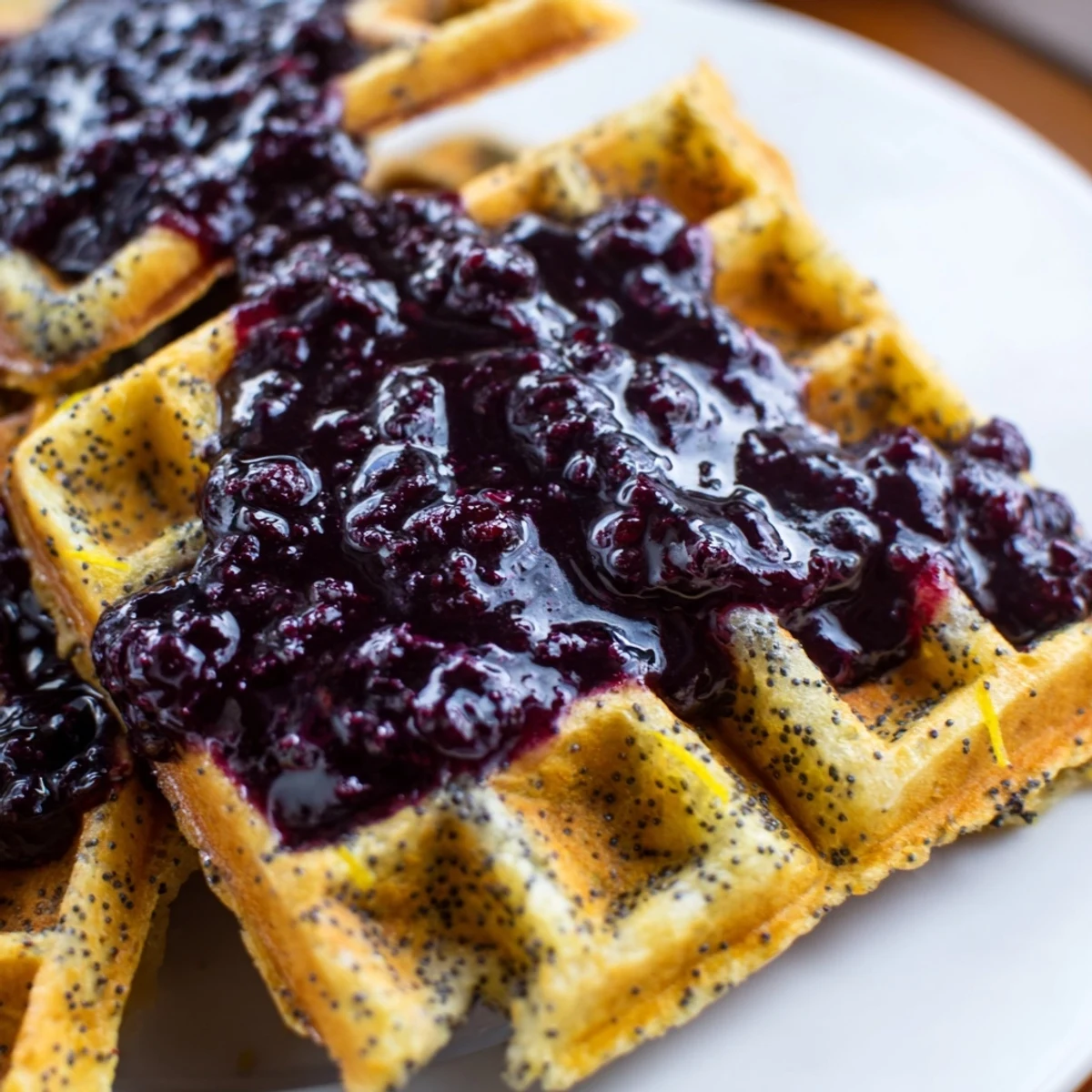 Golden Lemon Poppy Seed Waffles topped with vibrant blueberry syrup on a white plate for a bright brunch.
