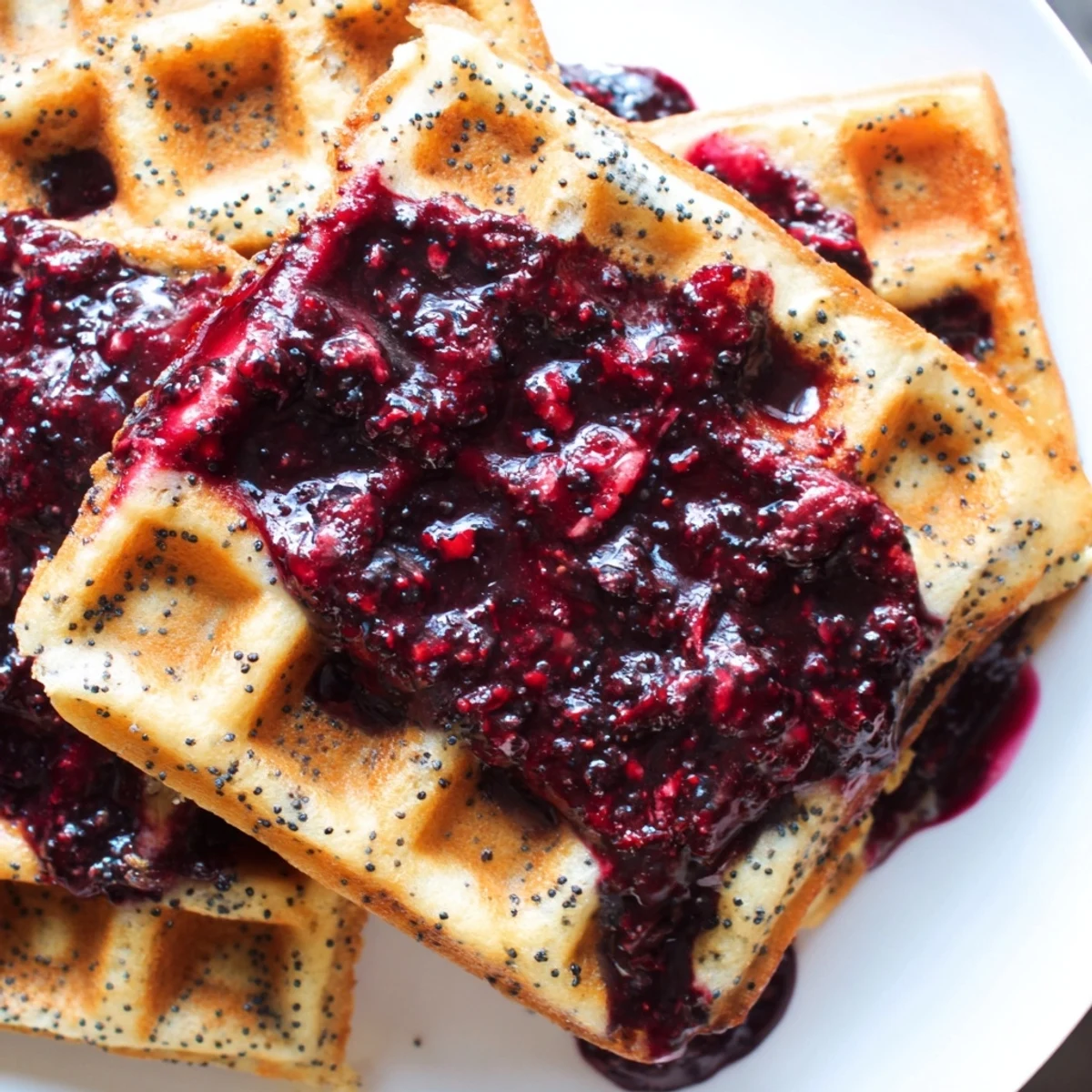 Freshly baked Lemon Poppy Seed Waffles paired with a pitcher of blueberry syrup for a sweet breakfast.