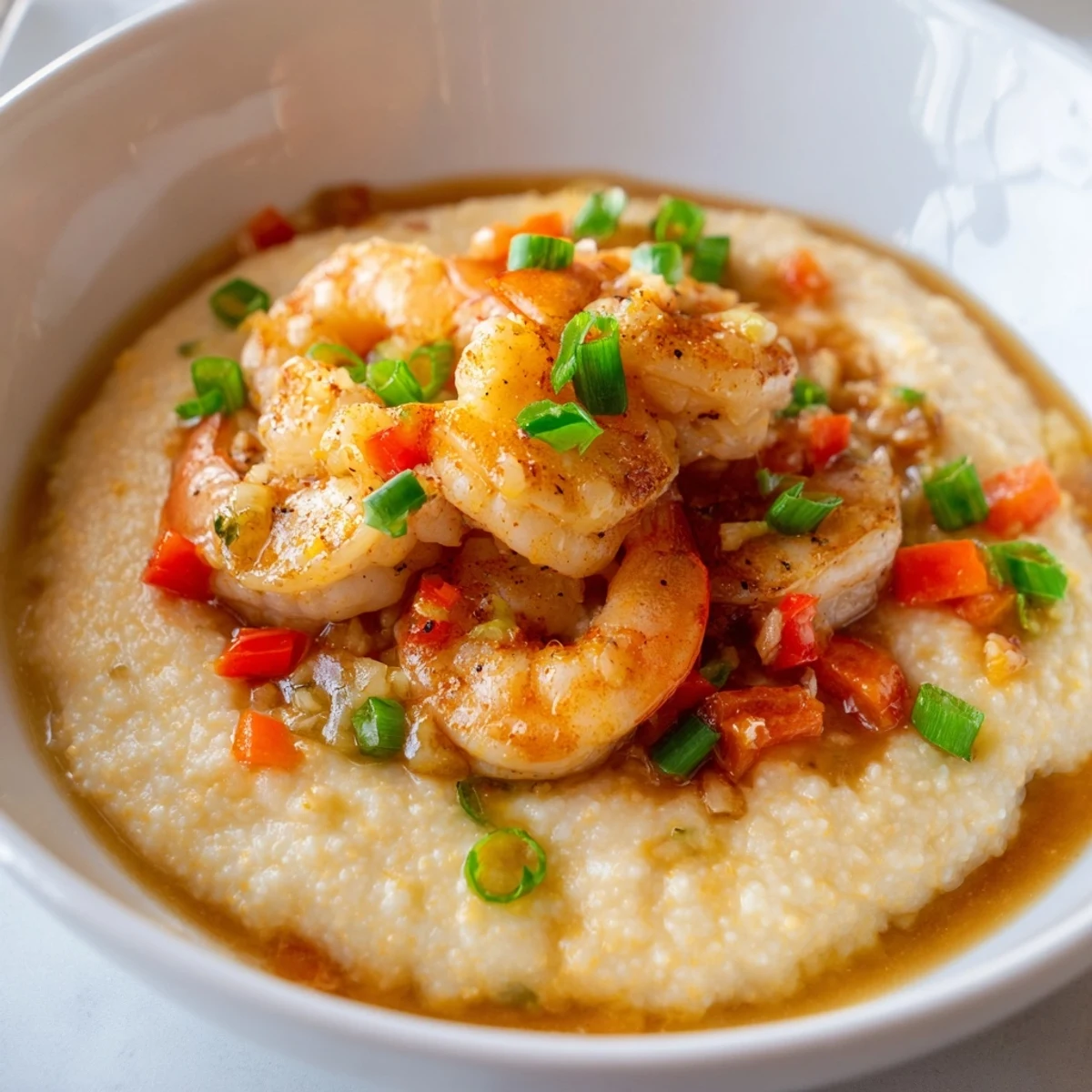 Close-up of a Southern comfort dish: creamy cheddar grits smothered in bold Cajun shrimp with fresh parsley and bright bell peppers.