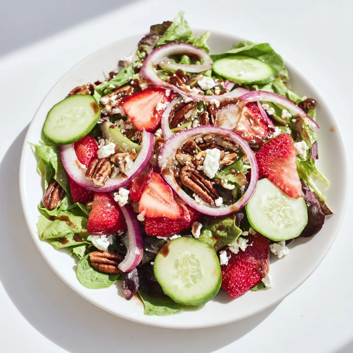 A close-up of Spring Mix Salad with Strawberries and Feta, drizzled with glossy balsamic dressing, ready to serve as a light vegetarian meal.