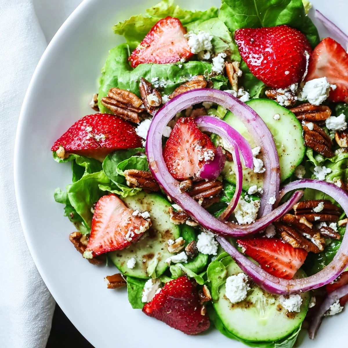 Juicy sliced strawberries and creamy feta cheese rest on tender spring mix greens with thin red onion slices in a beautiful bowl.