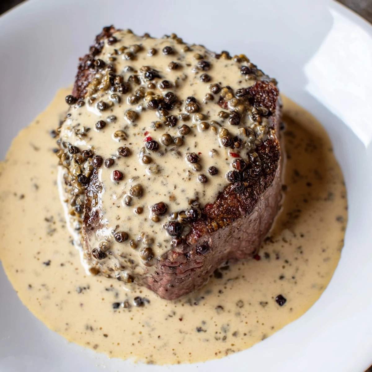 Seared beef tenderloin steaks with peppercorn cream sauce, served on a white plate with fresh herbs.  