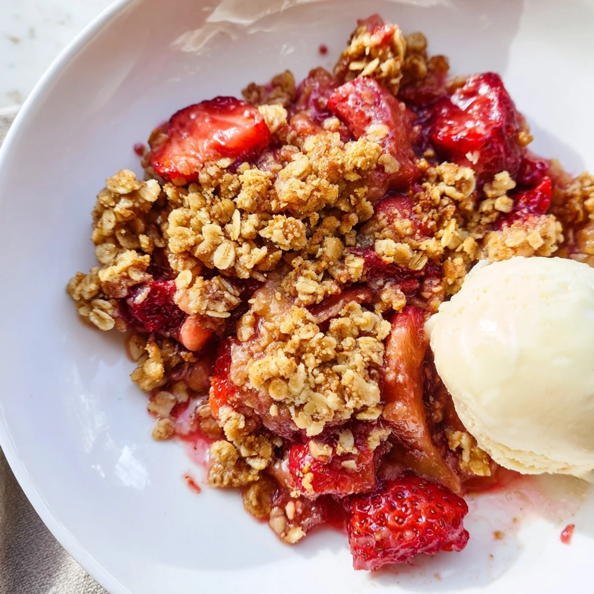 Fresh-baked Strawberry Rhubarb Crisp in a dish, its oat crumble topping golden brown and the fruit filling steaming.  