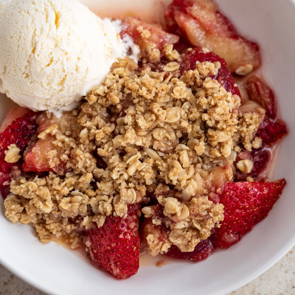 Spoonful of homemade Strawberry Rhubarb Crisp with tender fruit and crunchy oat topping, served warm in a rustic bowl.