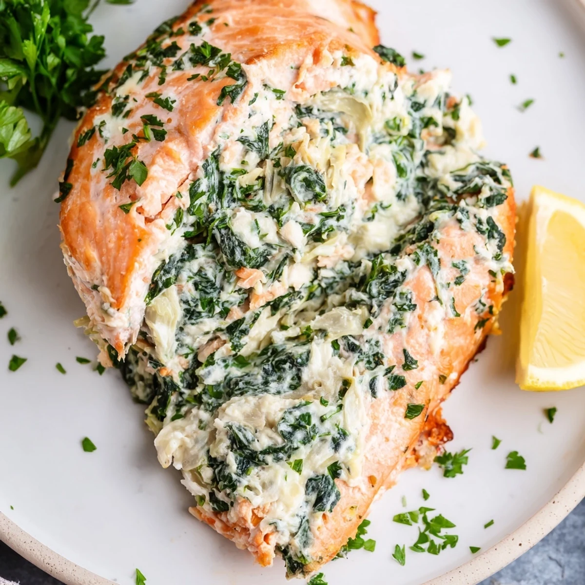 Golden-baked Creamy Spinach and Artichoke Stuffed Salmon fillets rest on a white plate, garnished with fresh parsley and lemon wedges.