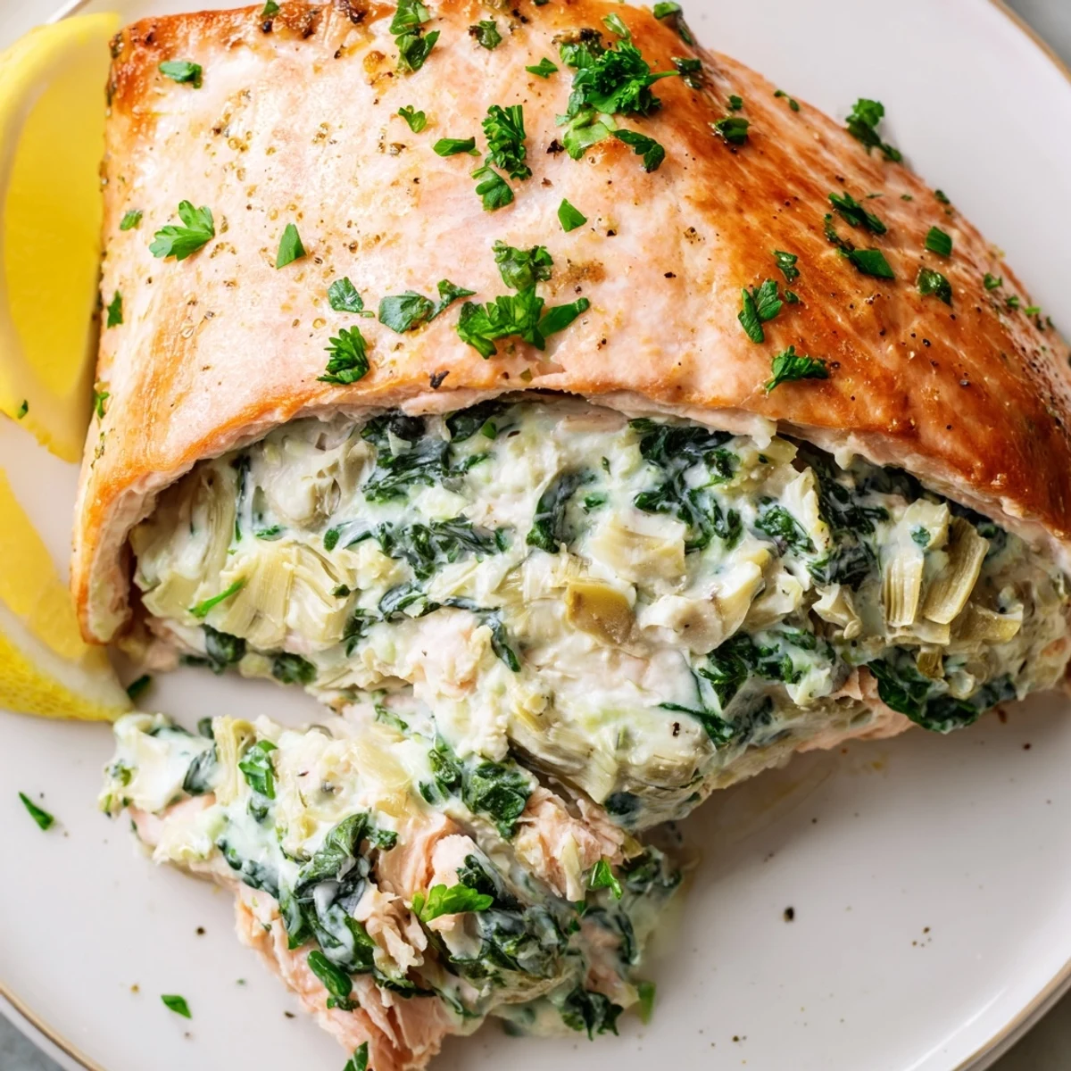 Serve Creamy Spinach and Artichoke Stuffed Salmon hot alongside roasted asparagus for a healthy, elegant dinner.