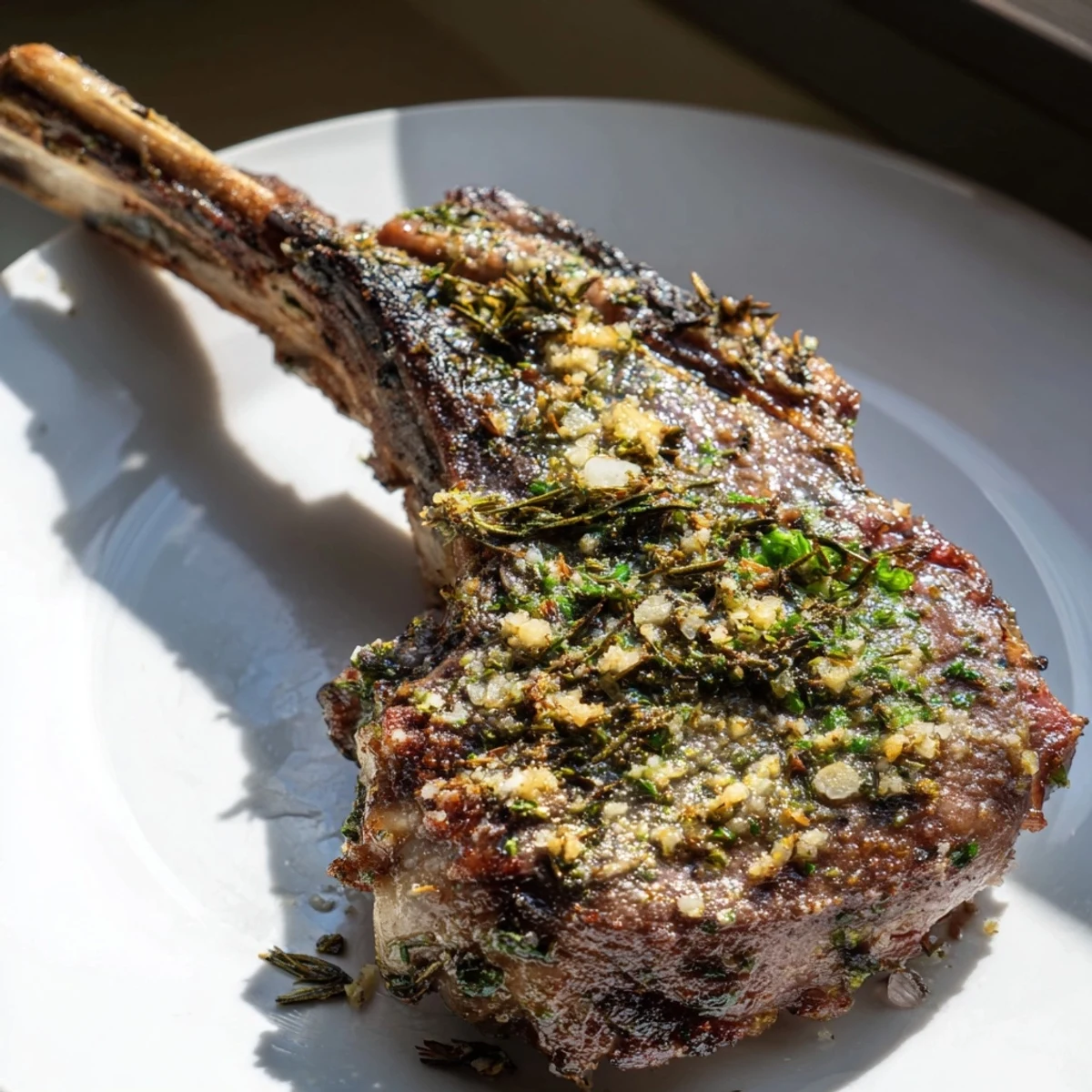 Air Fryer Lamb Chops with Garlic Butter are plated with fresh parsley and lemon wedges, highlighting a savory garlic butter sauce.
