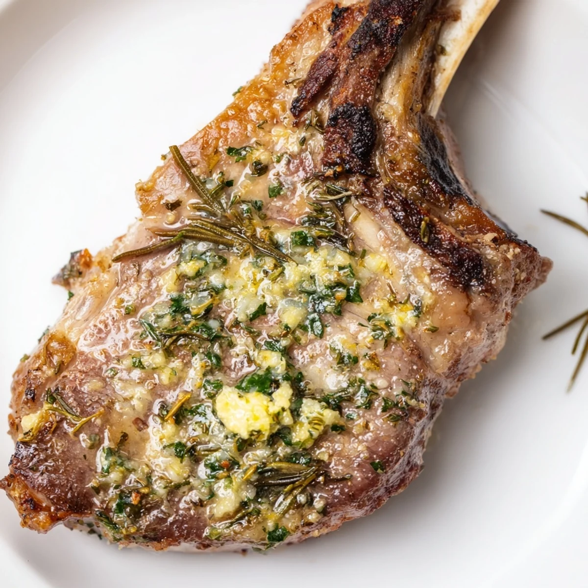 The recipe yields succulent Air Fryer Lamb Chops with Garlic Butter, served hot and garnished with aromatic herbs.
