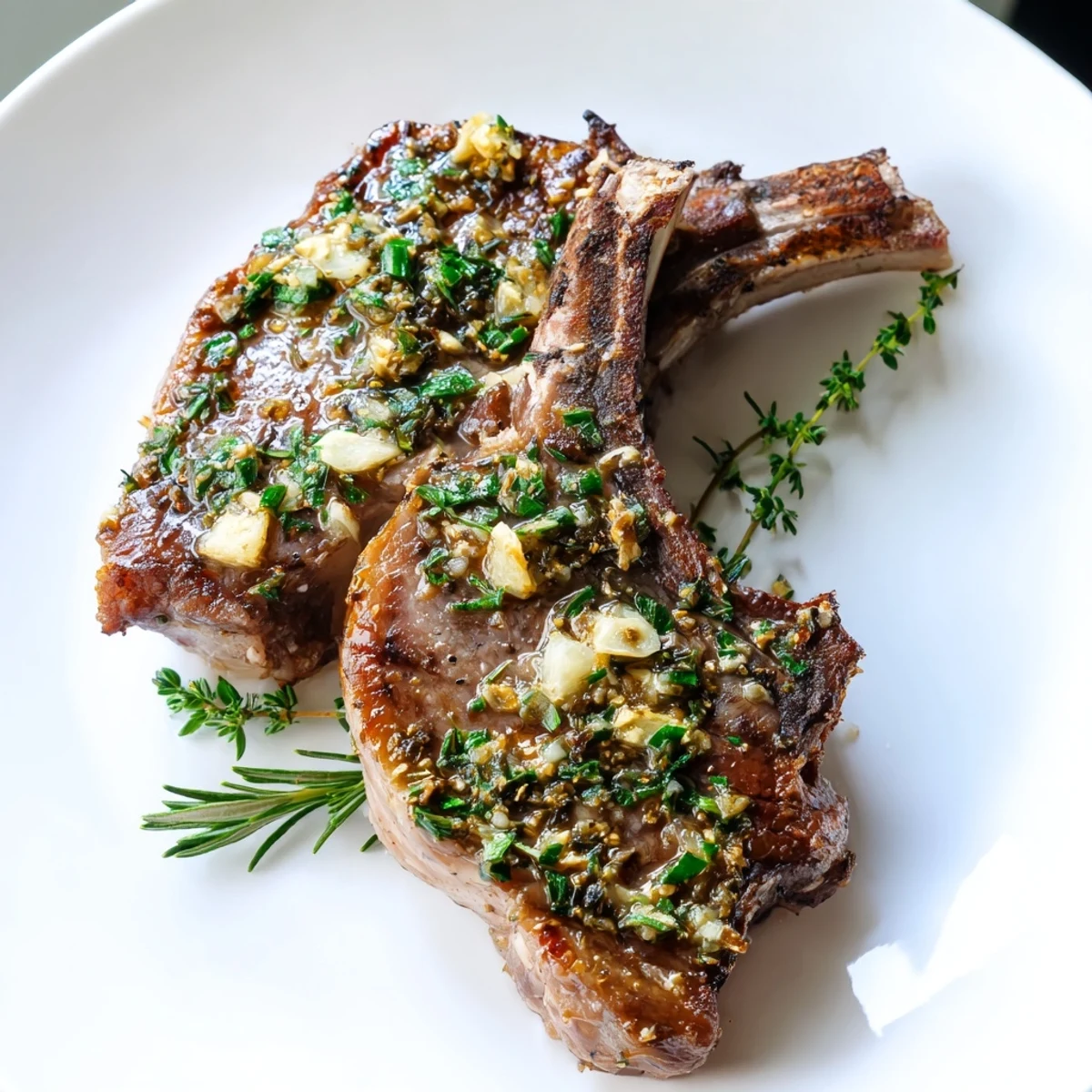 Juicy Air Fryer Lamb Chops with Garlic Butter sit beside roasted vegetables, showing a perfect medium-rare interior.