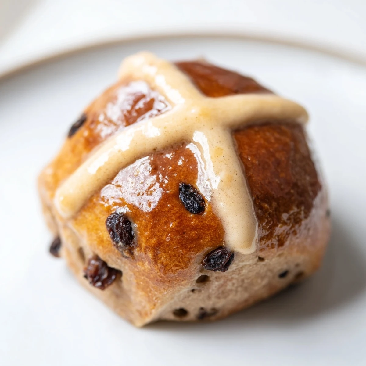 A close-up of a glazed Hot Cross Buns with currants, served warm with a pat of butter.