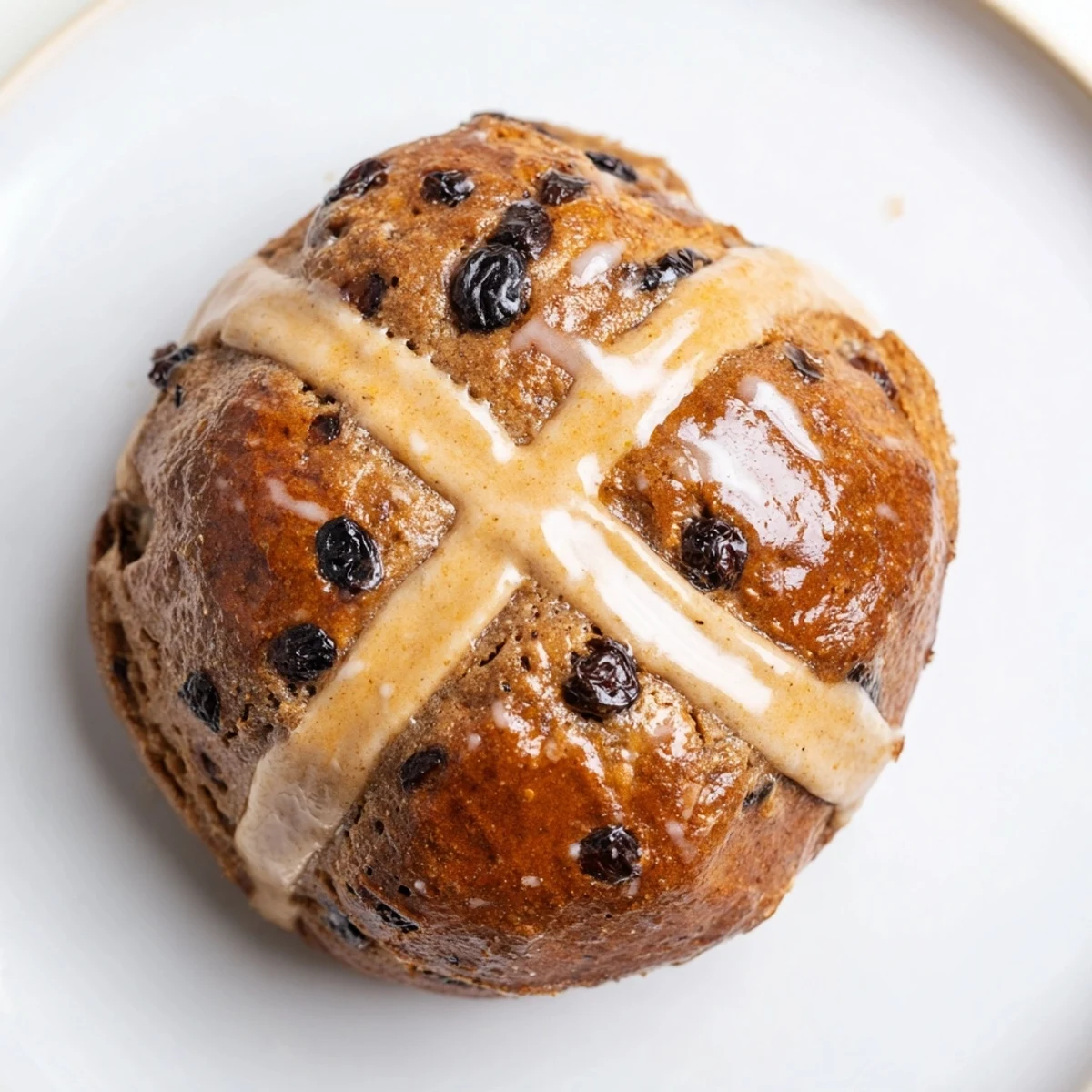 Golden brown Hot Cross Buns with currants, arranged on a wire rack with a mug of tea.