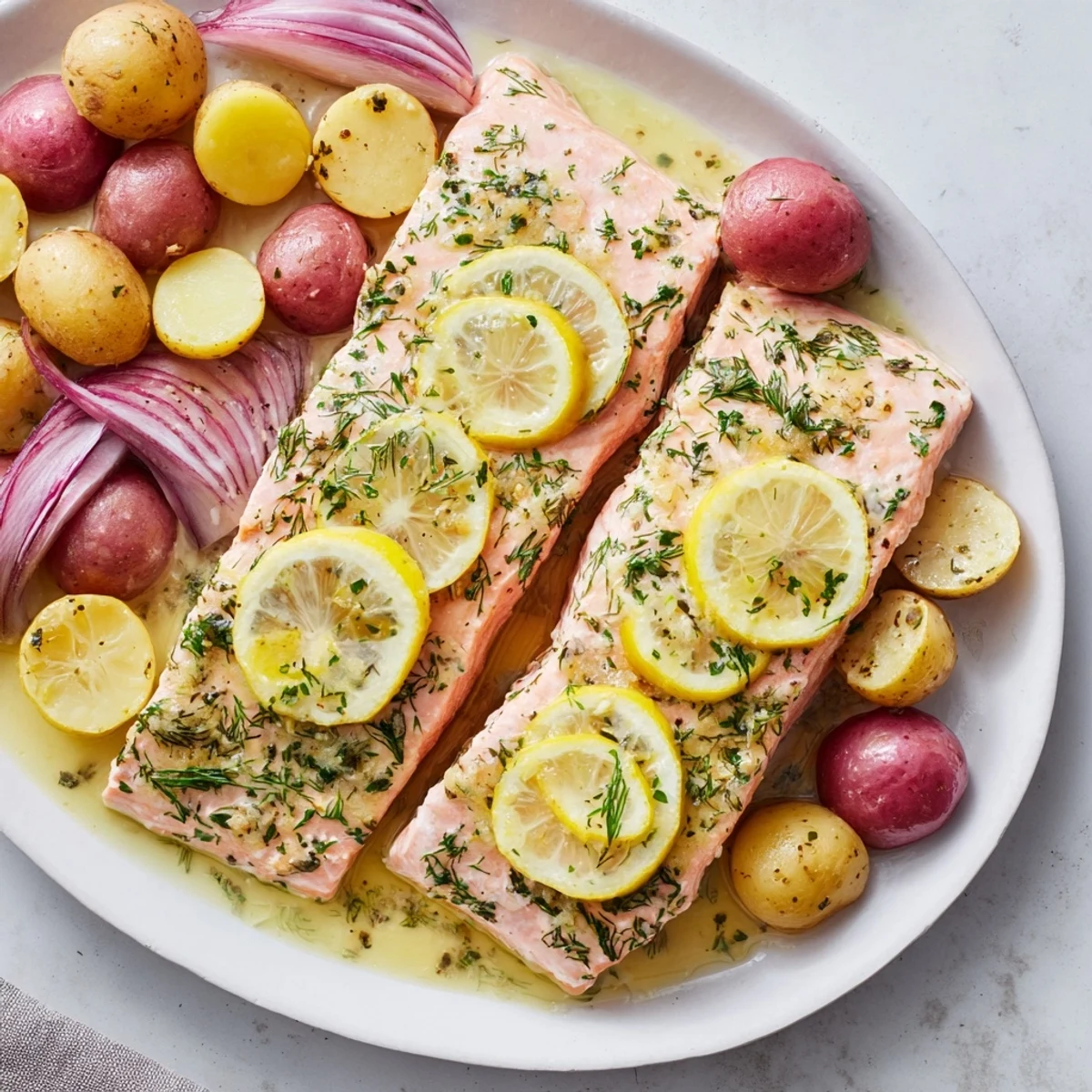 Golden roasted baby potatoes and tender salmon fillets on a sheet pan, brushed with bright lemon and fresh herbs.