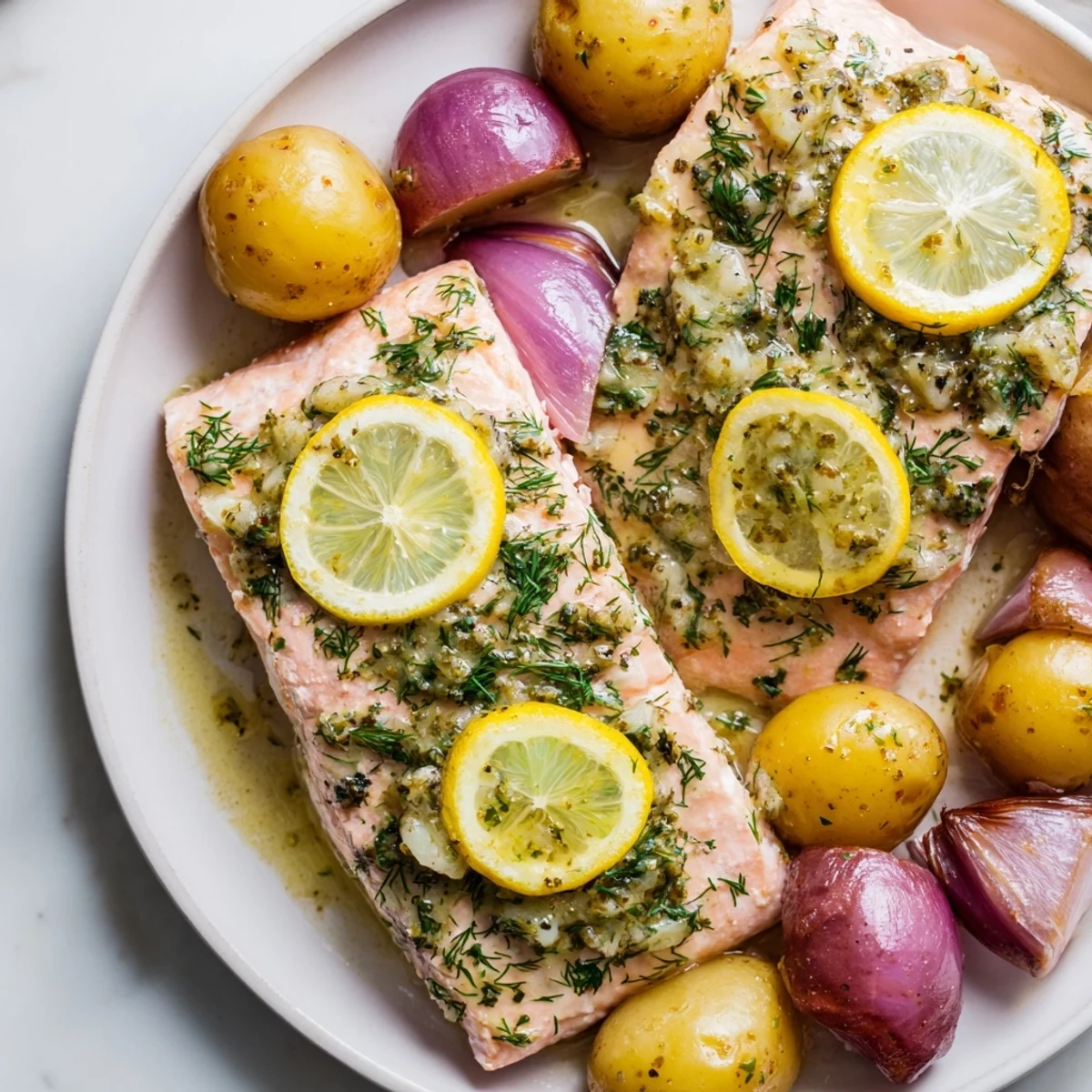 A close view of Sheet Pan Lemon Herb Salmon with baby potatoes, glistening with olive oil and lemon slices.