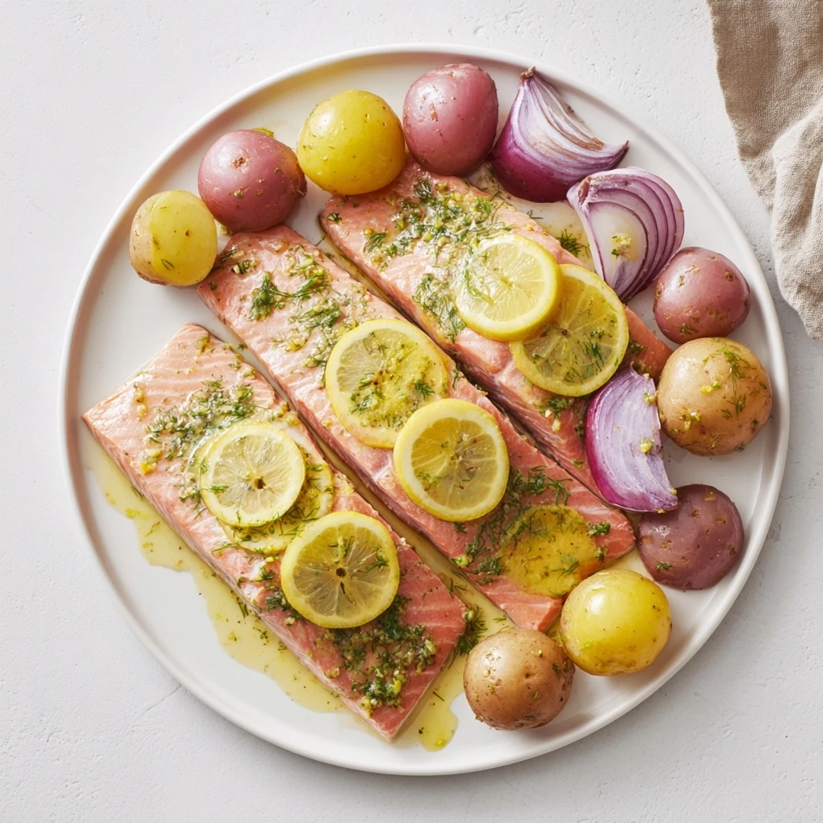 Healthy one-pan dinner featuring flaky salmon and crispy potatoes, garnished with parsley, dill, and thyme for extra flavor.