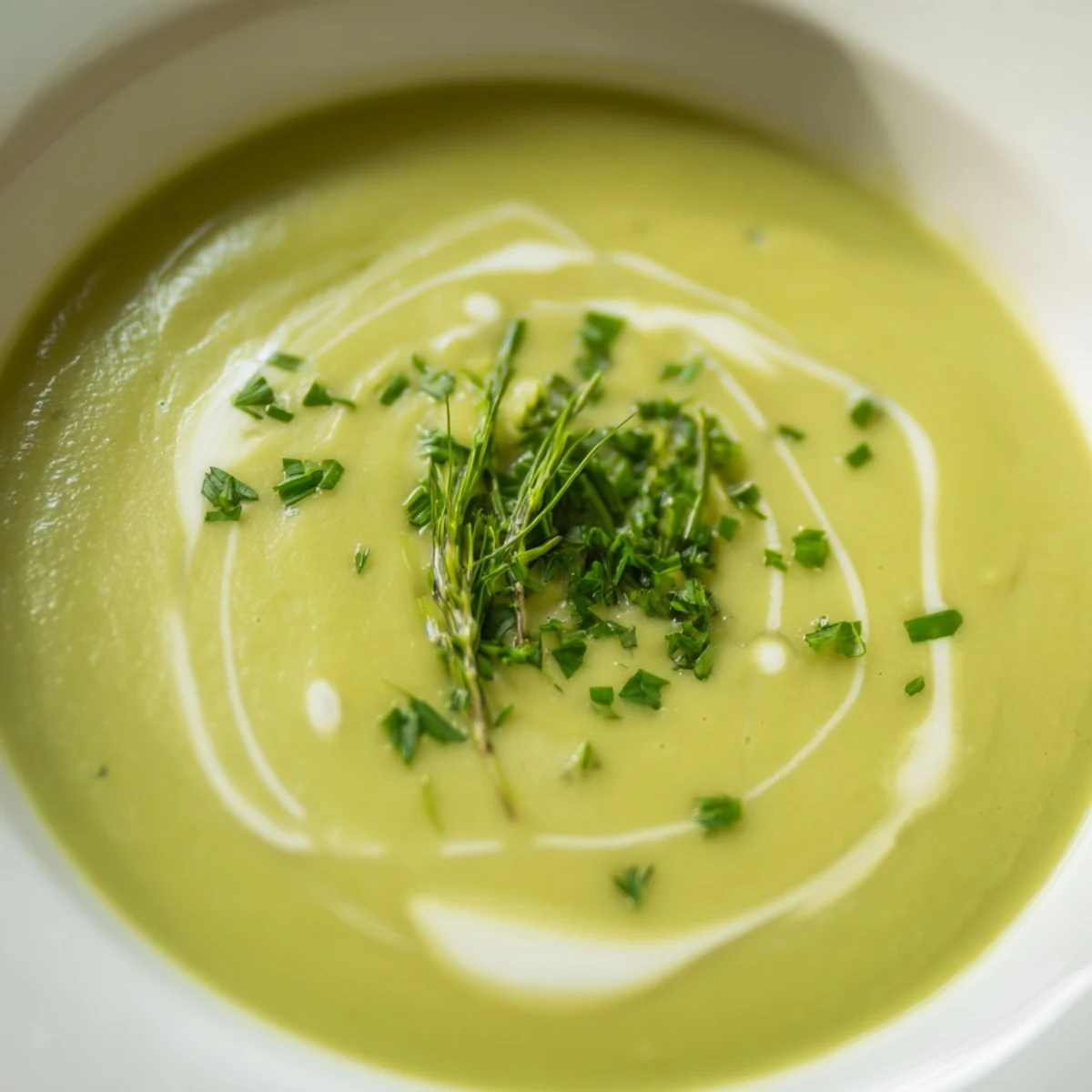 Roasted asparagus and peas blend into a creamy soup garnished with herbs and cream.