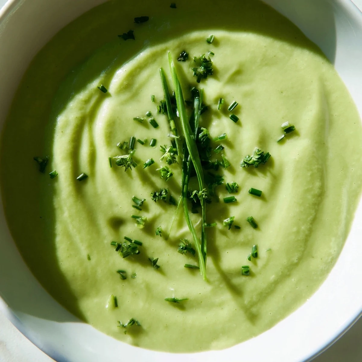 Creamy Roasted Asparagus and Pea Soup steams in a white bowl beside crusty bread.