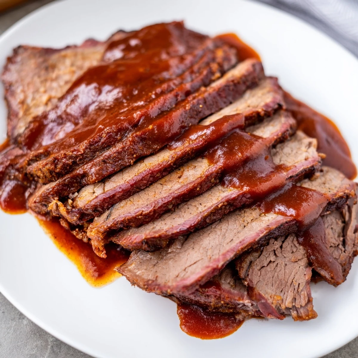 Slow cooked beef brisket with smoky BBQ sauce, sliced and glistening, served beside creamy coleslaw and cornbread.
