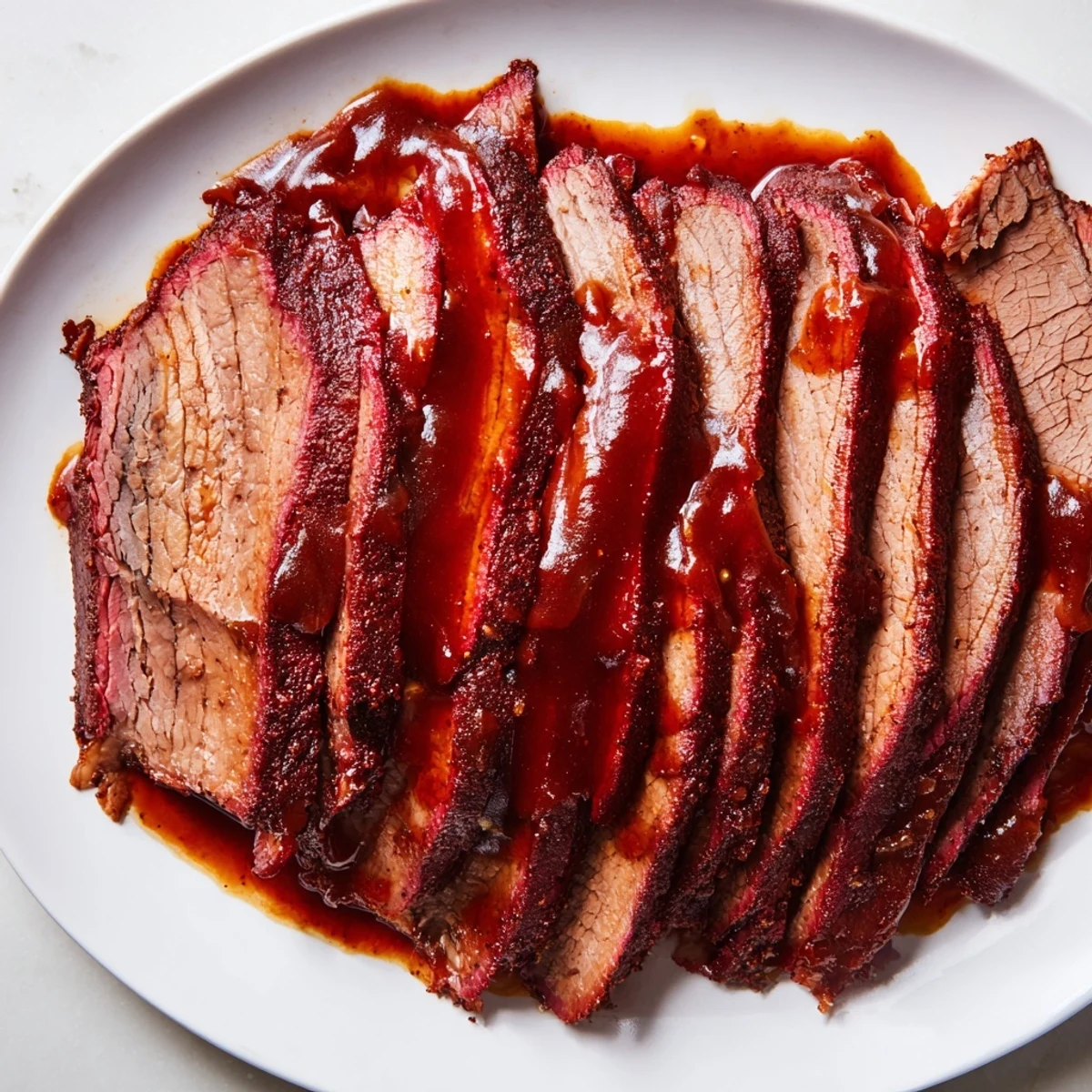 Juicy slow cooked beef brisket with smoky BBQ sauce on a rustic board, ready for family dinner.