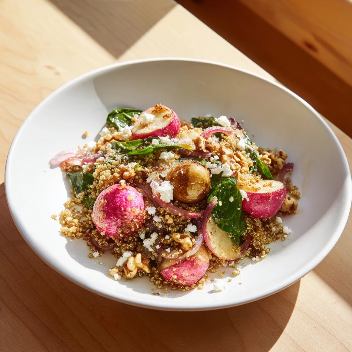Warm Quinoa Salad with Roasted Radishes and Feta served in a ceramic bowl, showcasing fluffy grains and caramelized vegetables.