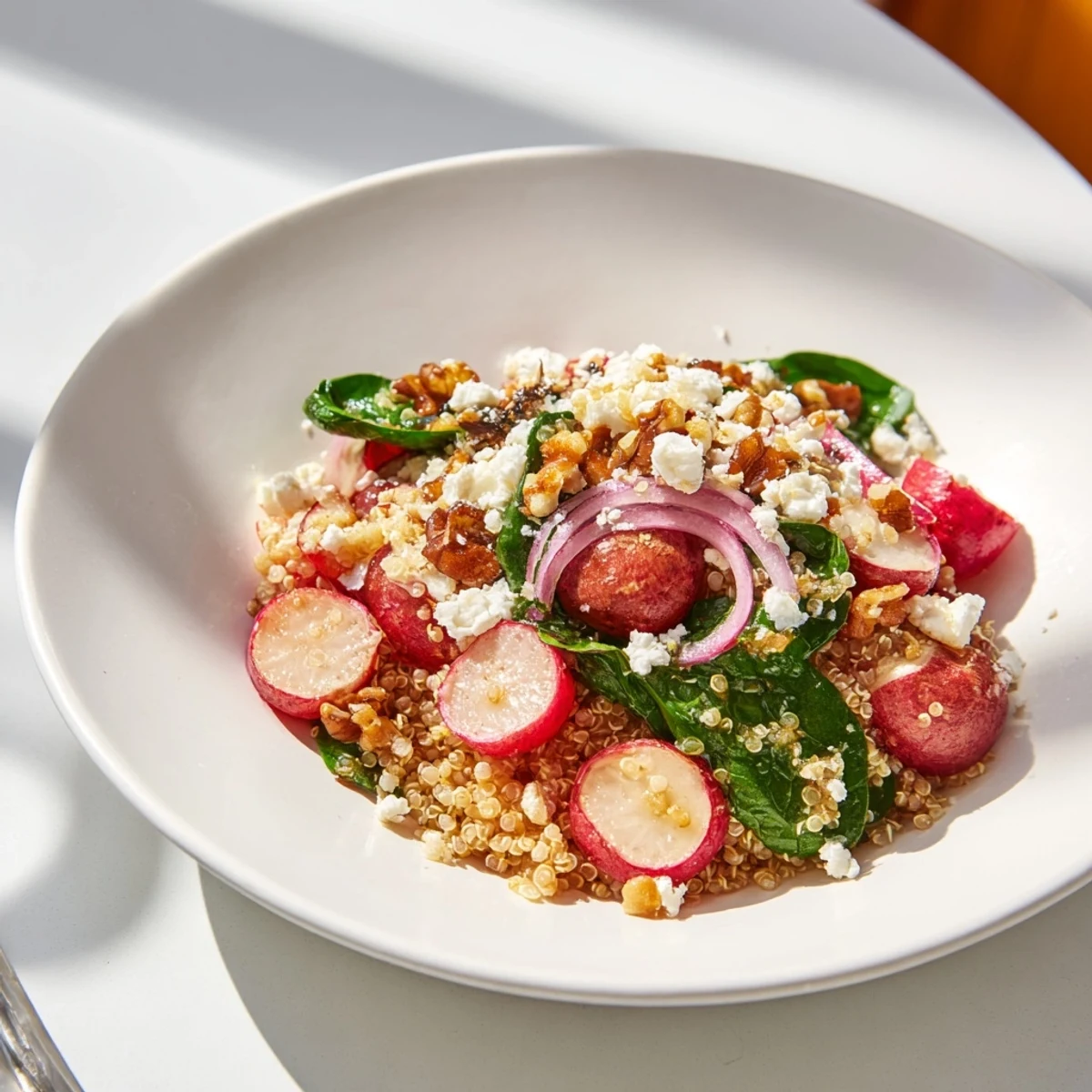 A close-up of Warm Quinoa Salad with Roasted Radishes and Feta, highlighting crumbled cheese and a zesty lemon-herb dressing.