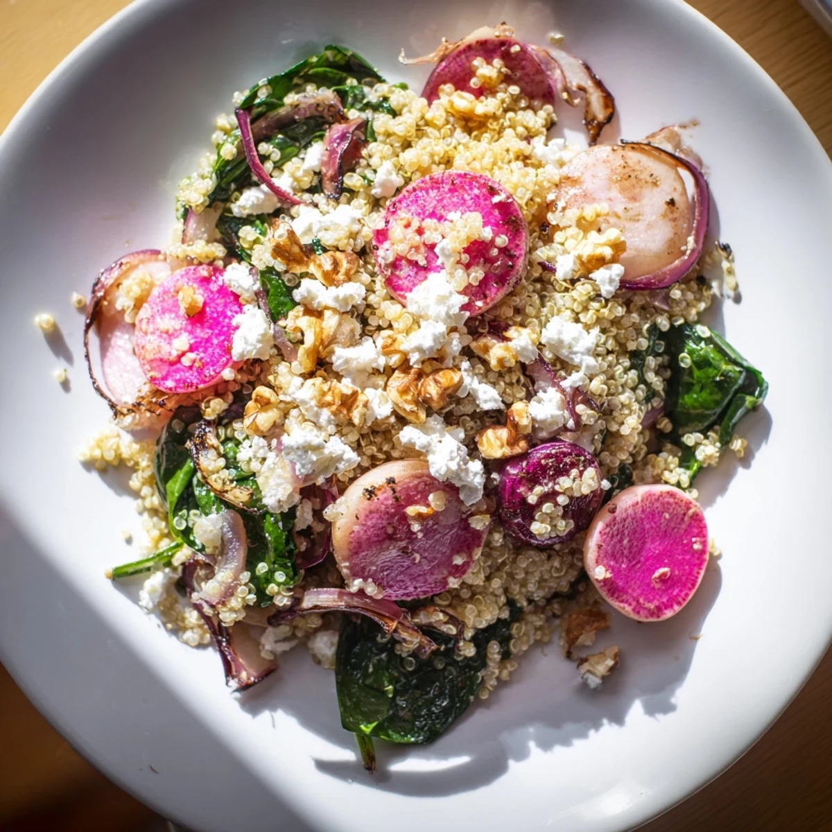 Warm Quinoa Salad with Roasted Radishes and Feta plated as a hearty vegetarian main course, garnished with fresh parsley.